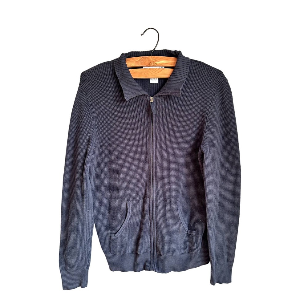 Sag Harbor Womens Jacket Sweater Waffle Knit Full Zip Pockets Cotton Black SZ M‎